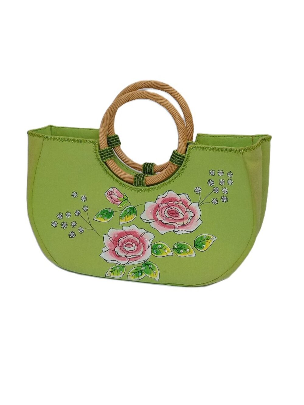 Hand Painted Floral Canvas Tote Bag Bamboo Handles Beaded Detail Cottagecore